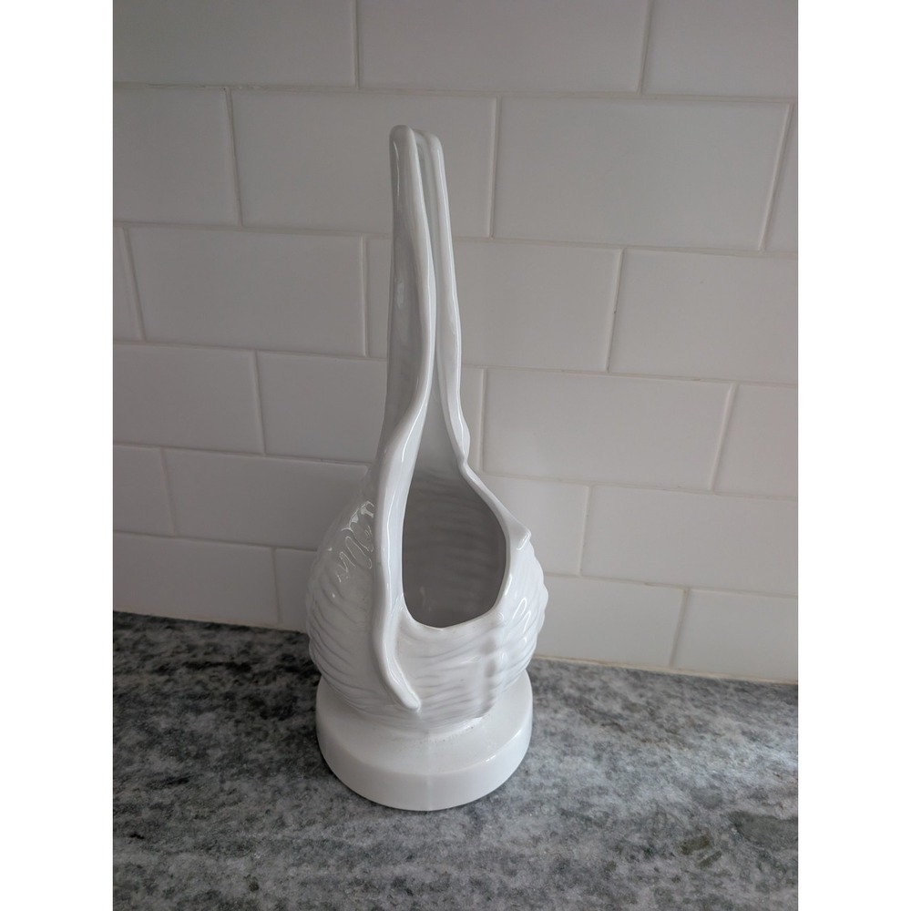 White Ceramic Basket Vase Tall Woven Basketweave Handle Decor 14"